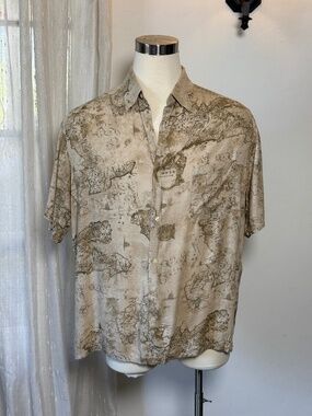 Vintage Claiborne Crazy Horse Rayon Map Print Camp Shirt Men's XL Explorer